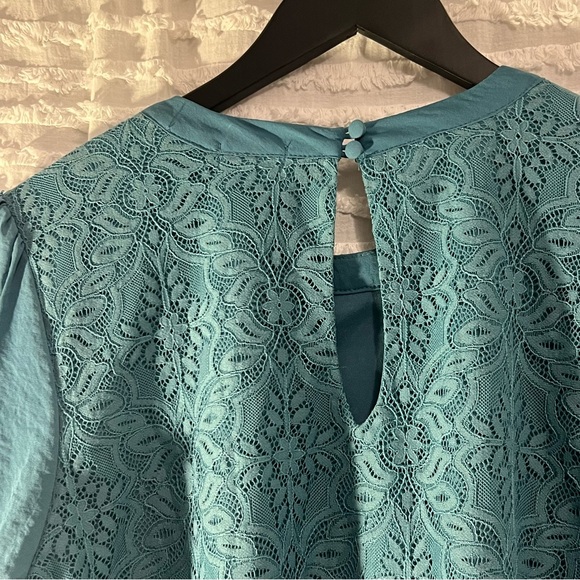 Teal Lace Peplum blouse with drop waist. Versatile top for fall or year round. - Picture 7 of 8
